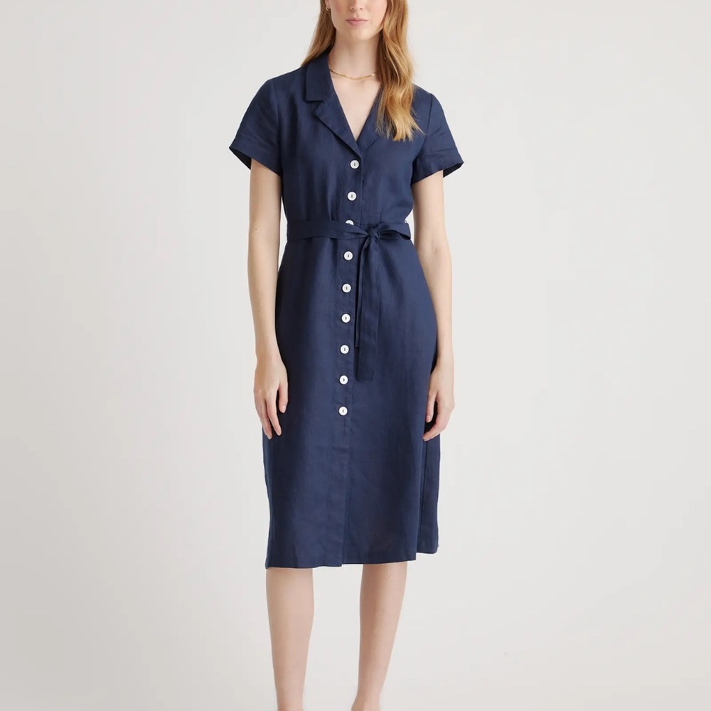 NWT Quince Linen Navy Button-Down Midi Dress XL